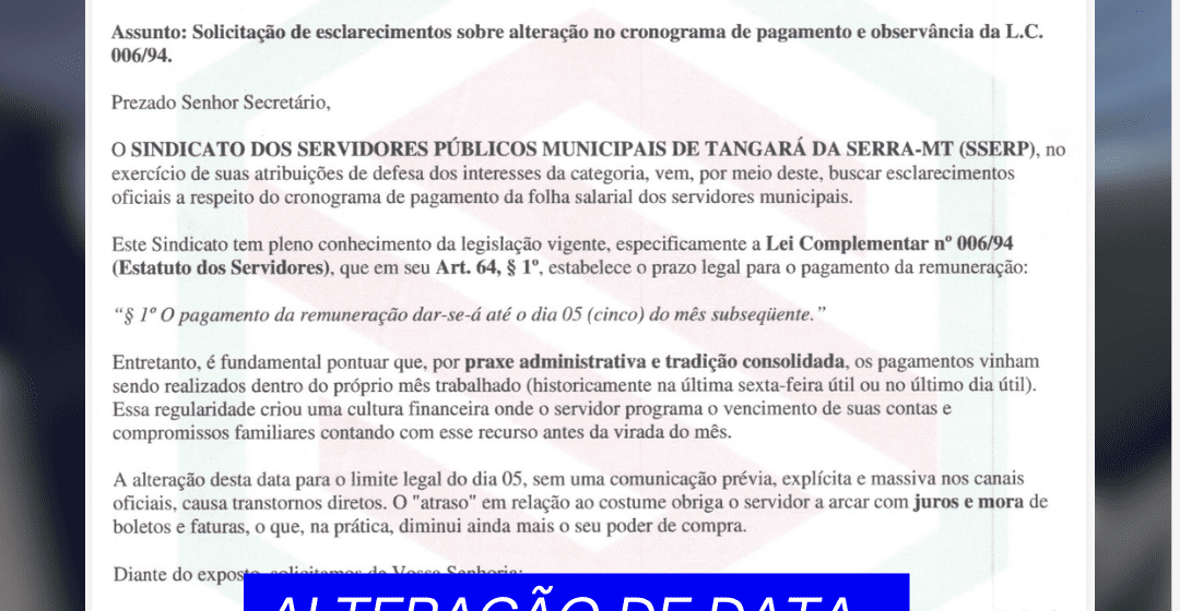 sserp4 ATRAVÉS DE OFÍCIO SSERP SOLICITA ESCLARECIMENTOS SOBRE MUDANÇA NO CRONOGRAMA DE PAGAMENTO