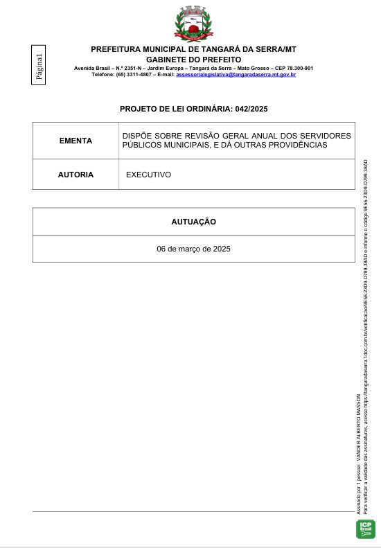 01 PREFEITURA DE TANGARÁ DA SERRA PUBLICA PROJETO DE LEI 042/2025 REFERENTE A RGA